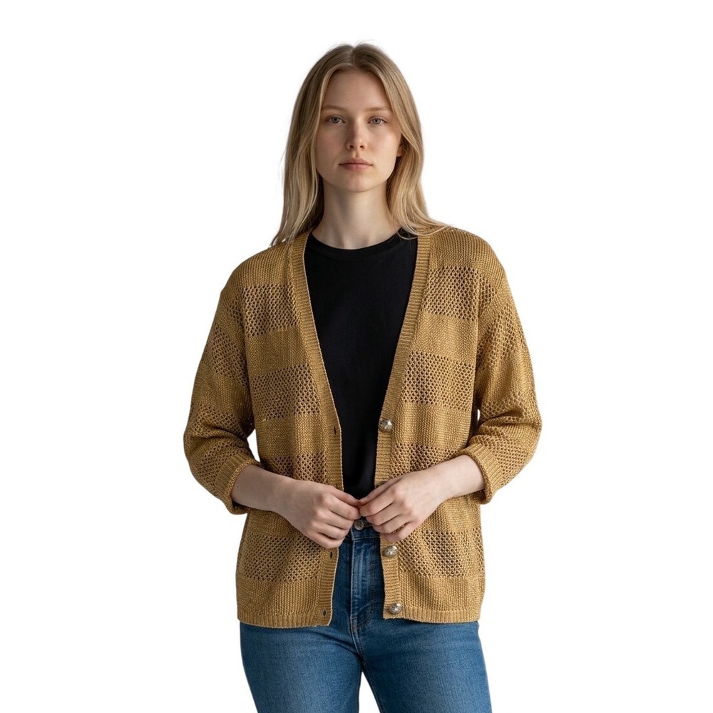 Vintage Gold Metallic Fishnet Cardigan Gold Details